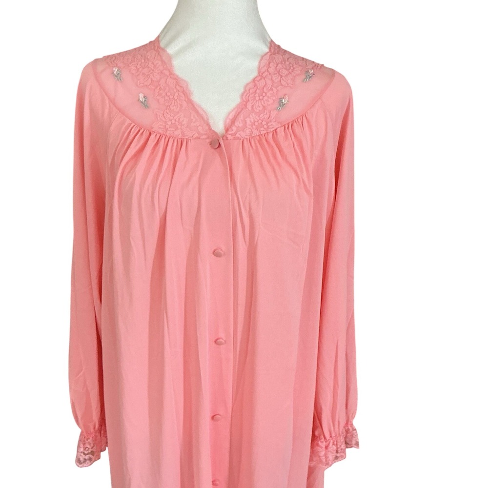 Vintage Shadowline Button-Front Full Length Robe Pink Lace Bodice & Trim Medium - Picture 2 of 16